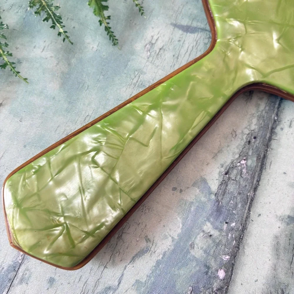 Vintage Heavy Jade Marbleized Hand Mirror, Beveled Glass, 1940s Vanity Decor